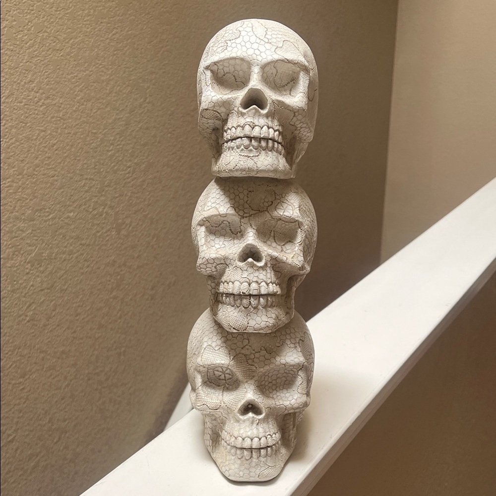 Stacked White Lace Skull Sculpture Trio